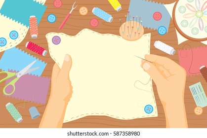 Sewing workshop for kids. Needlework class for kids. Education and enjoyment concept. Flat vector illustration