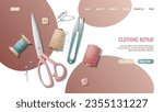 Sewing workshop landing page or web banner template. Hand drawn illustrations of sewing tools, scissors, threads, needles. Creative atelier profession.