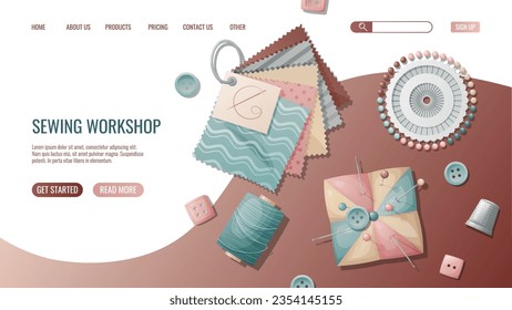 Sewing workshop landing page or web banner template. Hand drawn illustrations of sewing tools, pincushion, fabric, buttons. Pre-made landing for dressmaking, tailoring school, sewing courses