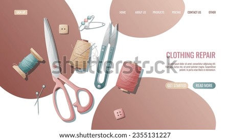 Sewing workshop landing page or web banner template. Hand drawn illustrations of sewing tools, scissors, threads, needles. Creative atelier profession.
