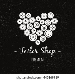 Sewing workshop logo - buttons. Tailor Shop banner - buttons. Chalk board. Black and white with a grunge texture.