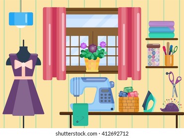Sewing workshop. Machine and mannequin. Iron, scissors and buttons. Living room. Vector illustration of handmade tools and workshop. Flat style. Work place