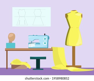 Sewing workshop with sewing machine and mannequin and yellow dress.