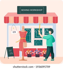 Taller de costura o taller de sastre profesional. Fachada Atelier con toldo y gran escaparate