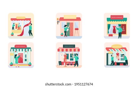 Sewing workshop or professional tailor shop. Atelier facade with awning and big showcase window
