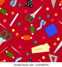 sewing workshop for seamstresses tools, sewing machine, vector
