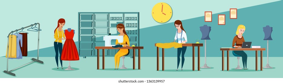 sewing workshop, set illustration vector in cartoon style, seamstress, designer, dressmaking  