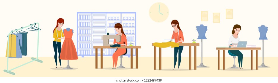 Sewing workshop. Tailor or dressmaker profession vector people, cartoon style vector illustration