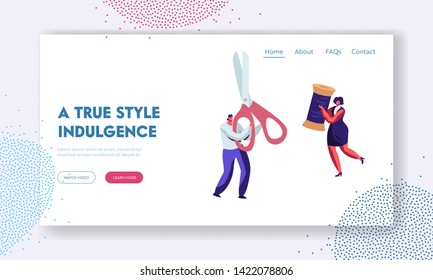 Sewing Workshop, Tailor or Dressmaker Profession Website Landing Page, Man with Scissors and Woman with Skein Thread, Textile Clothing Manufacturing Web Page. Cartoon Flat Vector Illustration, Banner