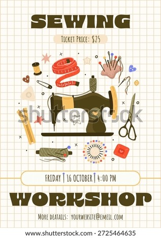 Sewing workshop template. Tailoring classes. Vector.