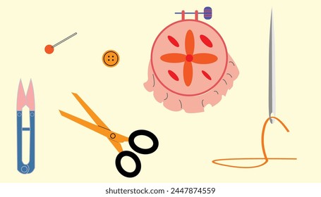 Sewing-Related Cartoon Style Doodle Vector Illustration