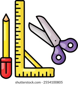 Sewist or tailors Tool Set concept, Scale, Scissor, Chalk and Pencil colorline vector, Bespoke tailoring symbol, custom measure clothing sign,Sew and Tailor materials stock illustration