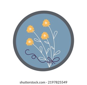 Sewn flowers icon. Graphic element for website. Stand for mugs and dishes. Needlework, development of badges and logotypes for clothes. Fashion and style, trend. Cartoon flat vector illustration