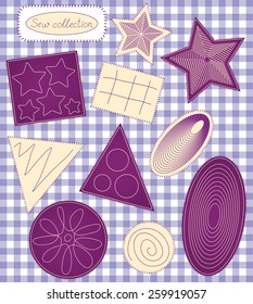 The sewn geometrical elements drawn on a checkered background