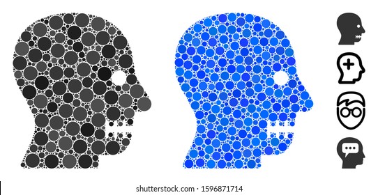 Sewn mouth composition of filled circles in different sizes and shades, based on sewn mouth icon. Vector filled circles are grouped into blue illustration.