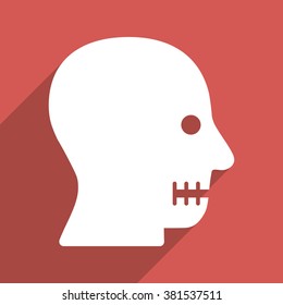 Sewn Mouth long shadow vector icon. Style is a flat light symbol on a red square background.