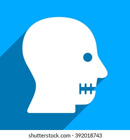Sewn Mouth long shadow vector icon. Style is a flat sewn mouth iconic symbol on a blue square background.