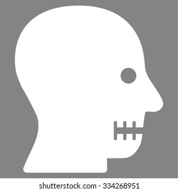 Sewn Mouth vector icon. Style is flat symbol, white color, rounded angles, gray background.