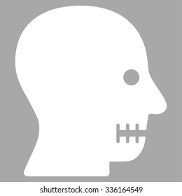 Sewn Mouth vector icon. Style is flat symbol, white color, rounded angles, silver background.