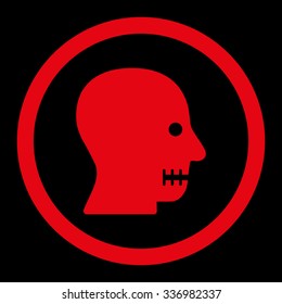 Sewn Mouth vector icon. Style is flat rounded symbol, red color, rounded angles, black background.