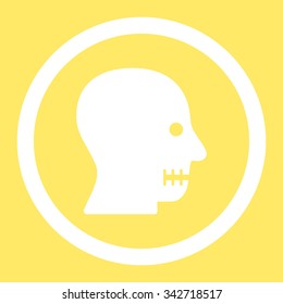 Sewn Mouth vector icon. Style is flat rounded symbol, white color, rounded angles, yellow background.