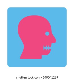 Sewn Mouth vector icon. Style is flat rounded square button, pink and blue colors, white background.
