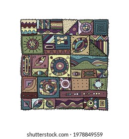Sewn pieces of fabric in a patchwork style. Ethnic Ornament for your design.