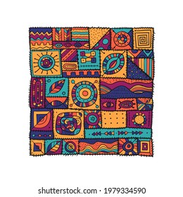 Sewn pieces of fabric in a patchwork style. Ethnic Ornament for your design.