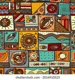 Sewn pieces of fabric in a patchwork style. Ethnic Ornament for your design. Seamless pattern