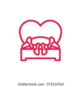 sex in bed thin line red icon on white background, happy valentine day
