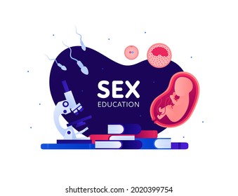 Concepto de educación sexual. Ilustración plana vectorial. Plantilla moderna de banner. Esperma, feto en útero, signo de fertilización y libro, símbolo de estudio microscópico con texto sobre fondo azul aislado en blanco.