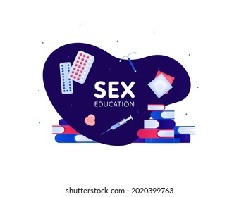 Concepto de educación sexual. Ilustración plana vectorial. Plantilla moderna de banner. Símbolo de control de natalidad y método anticonceptivo y libro, las píldoras firman con texto sobre fondo azul aislado en blanco.