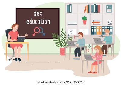 Sex Education Flat Background With Female Teacher At Board Giving Lesson In Class Vector Illustration