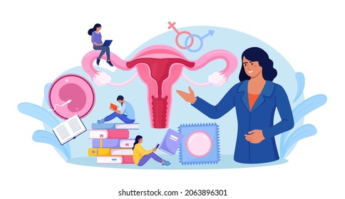 Sex Education. Gynecologist Doctor Consultate Girls. Puberty, Maturation. Sexual Health Lesson For Young People. Contraception And Female Reproductive System, Uterus, Ovaries. Sexuality And Gender