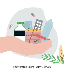 Sex Education. Hand Holding Different Type Of Contraception. Anti-pregnancy Products. Contraceptives Concept. Safe Relation And Intercourse, Sexual Health Care. Disease Prevention. Vector Illustration