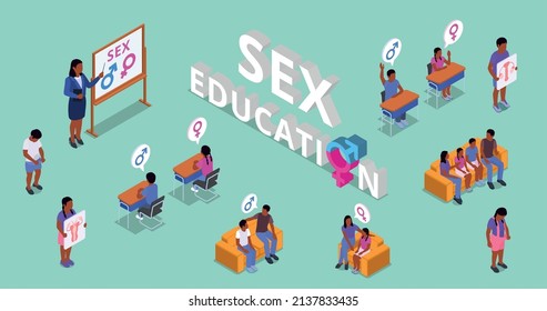 Sex Education Isometric Icons Set With Gender Symbols And People Discussing Sexual Issues Isolated Vector Illustration