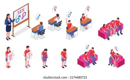 Sex Education Isometric Icons Set With People In Class And Family Discussing Sexual Issues Isolated Vector Illustration