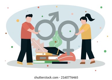 Sex Education For Student. Kids Holding Gender Signs. Reproduction And Sexuality For Learning. Safe Relation And Intercourse, Sexual Health. Contraception From Diseases Concept. Vector Illustration 