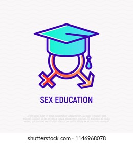 Sex Education Thin Line Icon. Gender Symbols In Graduation Cap. Modern Vector Illustration.