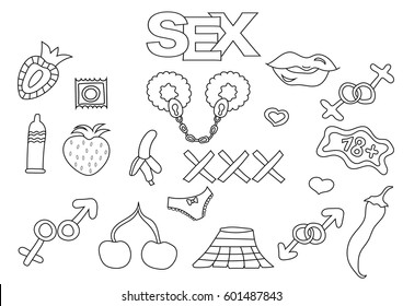 Sex elements hand drawn set. Coloring book template.  Outline doodle elements vector illustration. Kids game page
