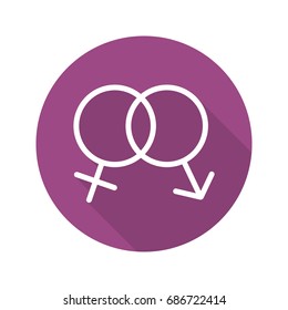 Sex flat design long shadow glyph icon. Interlocked man and woman symbols. Sex shop sign. Vector silhouette illustration