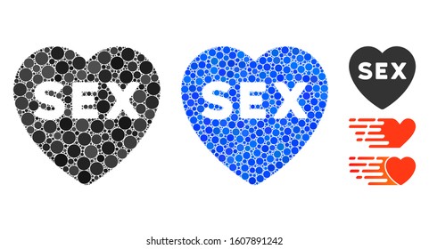 Sex heart mosaic of circle elements in different sizes and color tints, based on sex heart icon. Vector circle elements are organized into blue illustration.