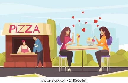 Sex Homosexual Lesbian Composition With Outdoor Concession Stand And Two Female Characters Having Date With Hearts Vector Illustration