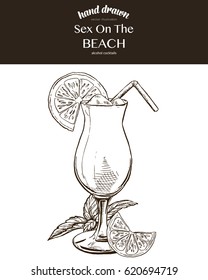 Sex on the Beach. Composition. Vector sketch illustration of cocktails. Hand drawn.