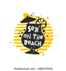 Sex on the beach grunge style banner template. Cuban cocktail glass with lemon slice silhouette on striped round frame with stylized lettering, ink drops. Nightclub, bar menu, poster design element