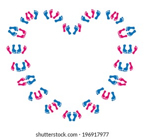 Sex Positions - feet of a man (blue) and a women (pink), who have sex - the compilation of the various positions shape the form of a heart. Vector illustration on white background.