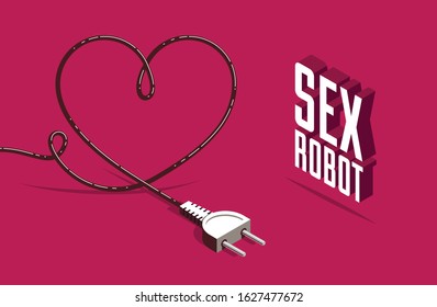 Sex robot vector concept poster with plug in a shape of heart, made in 3d isometric illustration style.