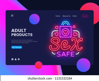 Sex Safe neon creative website template design. Vector illustration Sex Shop concept for website and mobile apps, business apps, marketing, neon banner. Night Adult Toys