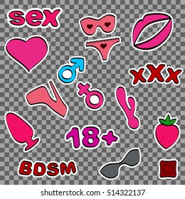 Sex set patch badge. Design elements for sex toys industry. Bdsm. Intim shop colorful icon. Vector illustration