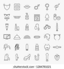 Sex Shop Line Icons Set. Vector Thin Outline Adult Toys Symbols.